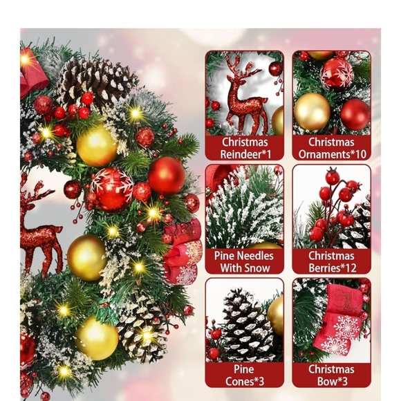 Festive Holiday Wreath with Red and Gold Accents With Lights - Picture 3 of 6